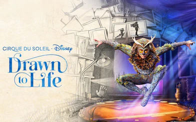 Performer in colorful costume leaping on stage for Drawn to Life by Cirque du Soleil & Disney.