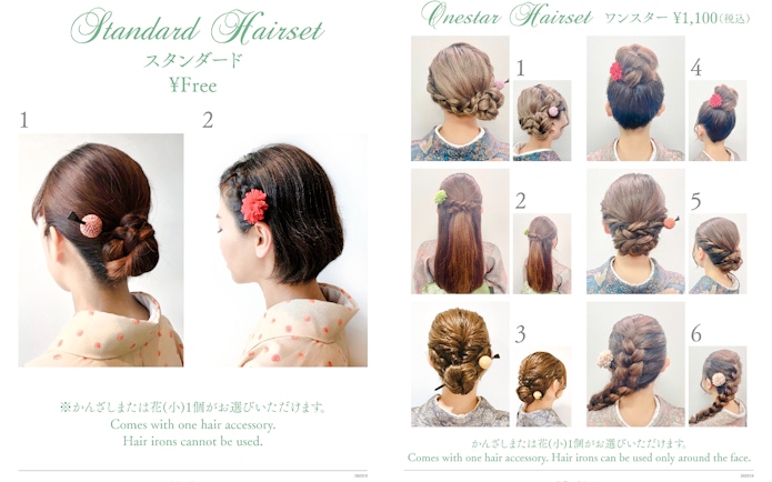 Standard and onestar hairset styles with floral accessories, showcasing various braided and bun hairstyles.
