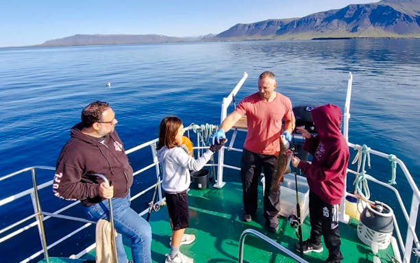 Guests fishing on a boat during Reykjavík Sea Angling Gourmet Tour with mountains in the background.