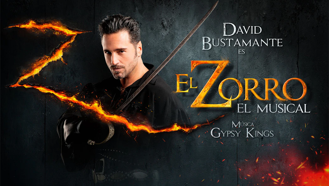 El Zorro musical poster featuring a man with a sword and fiery "Z" in Madrid.