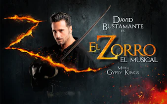 El Zorro musical poster featuring a man with a sword and fiery "Z" in Madrid.