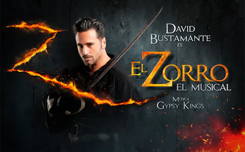 El Zorro musical poster featuring a man with a sword and fiery "Z" in Madrid.