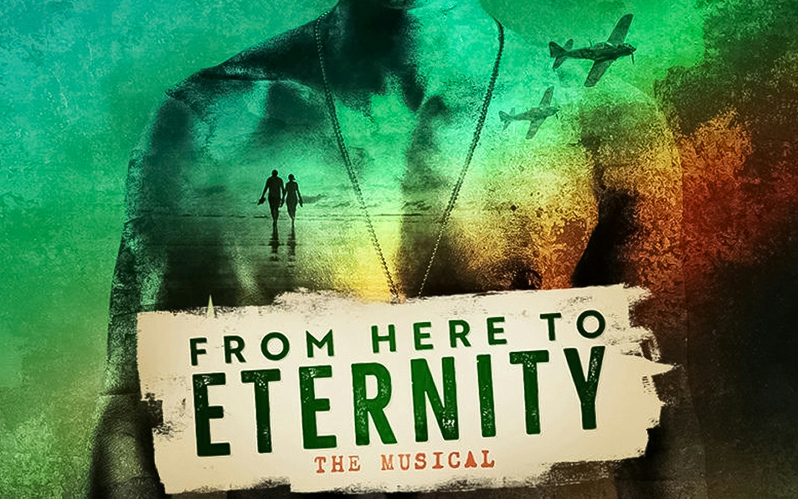 Silhouetted couple on beach with planes overhead, From Here To Eternity – The Musical poster.