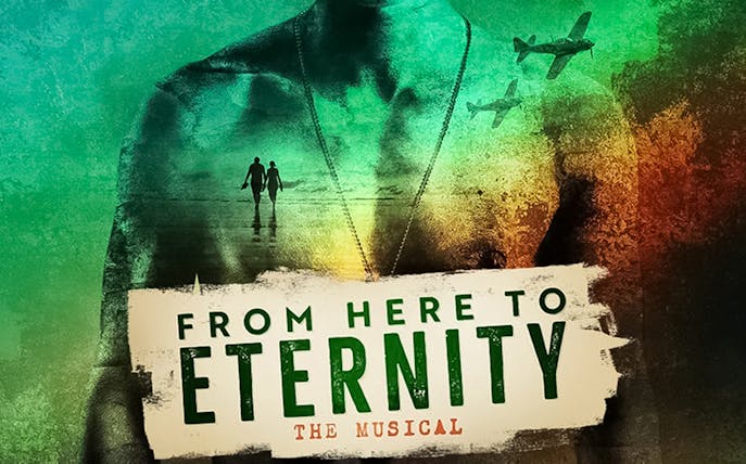 Silhouetted couple on beach with planes overhead, From Here To Eternity – The Musical poster.