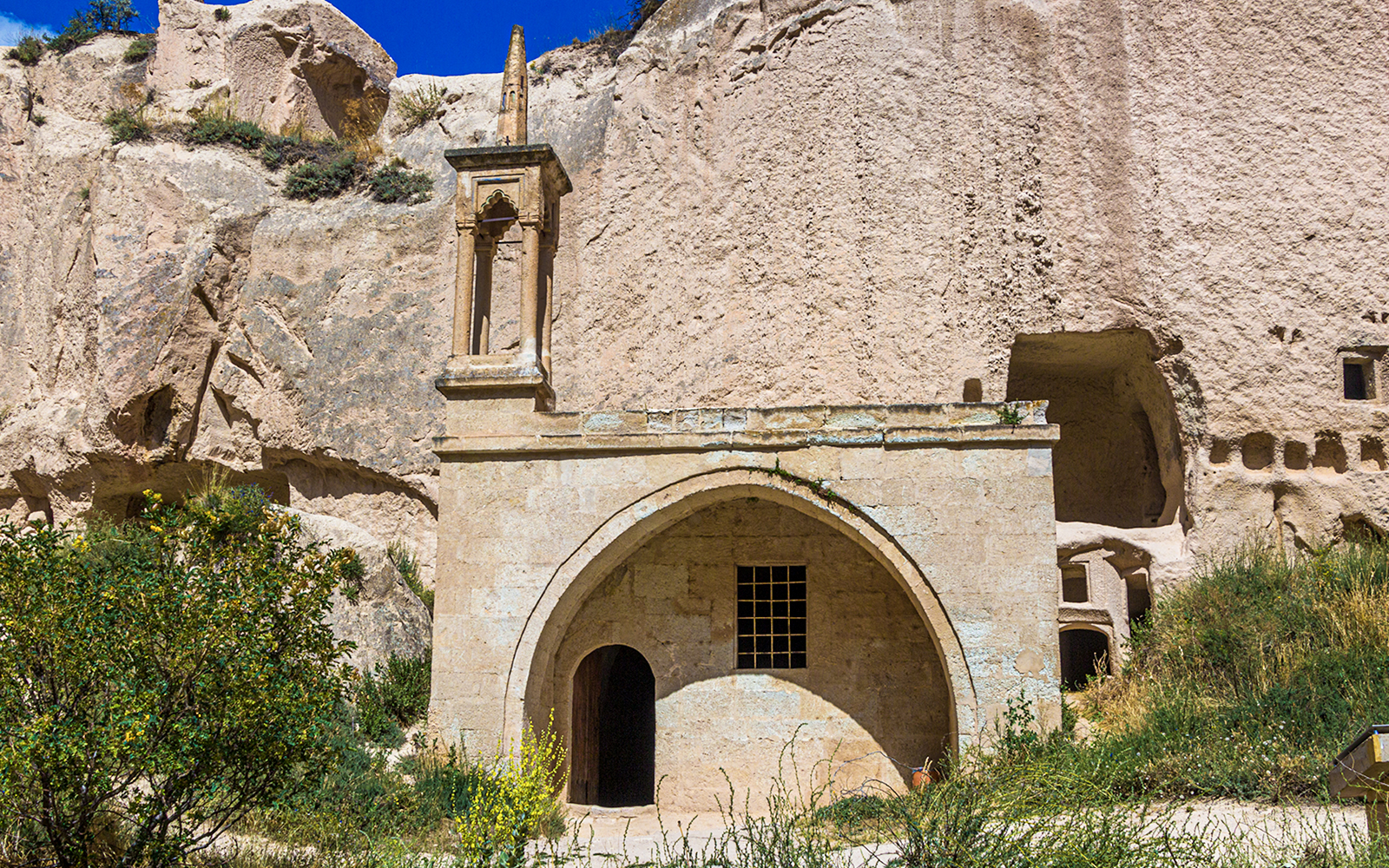 Mosque carved into rock at Zelve Open Air Museum, Cappadocia, Turkey.