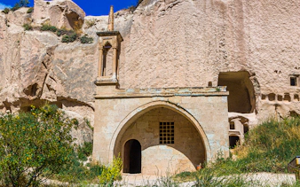 Mosque carved into rock at Zelve Open Air Museum, Cappadocia, Turkey.
