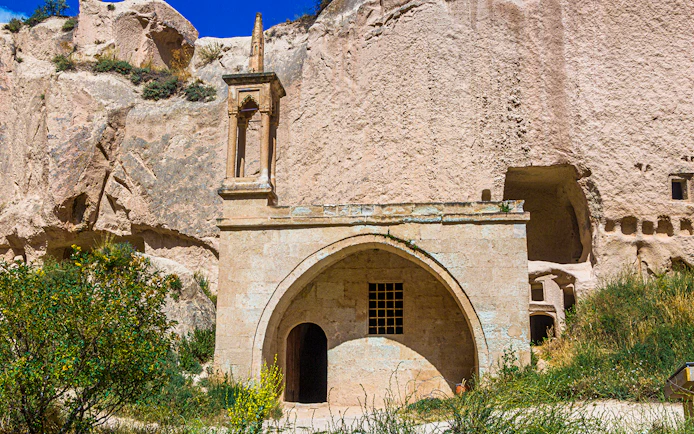 Mosque carved into rock at Zelve Open Air Museum, Cappadocia, Turkey.