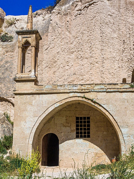 Mosque carved into rock at Zelve Open Air Museum, Cappadocia, Turkey.