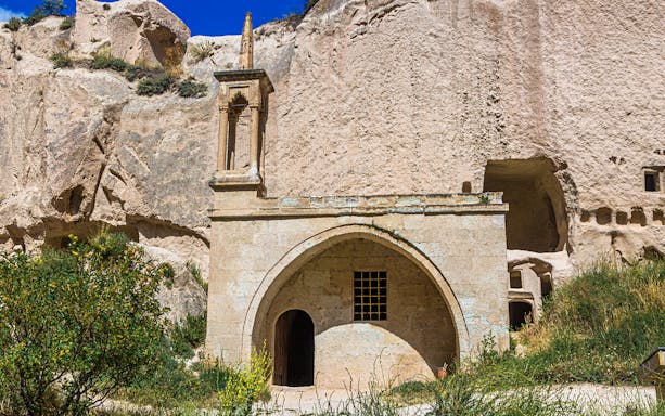 Mosque carved into rock at Zelve Open Air Museum, Cappadocia, Turkey.