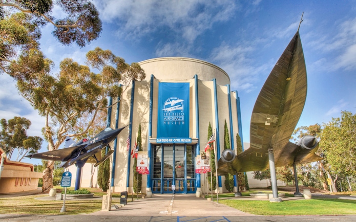 San Diego Air & Space Museum entrance with aircraft displays.