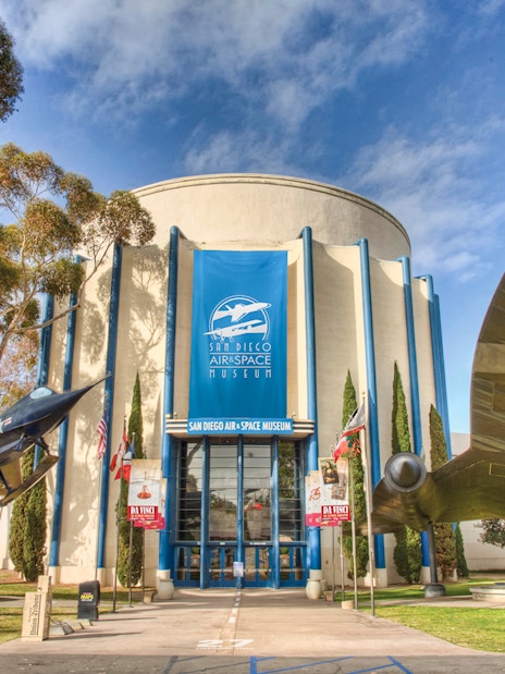 San Diego Air & Space Museum entrance with aircraft displays.