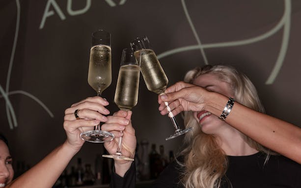 Guests toasting with champagne at Aura Sky Pool.