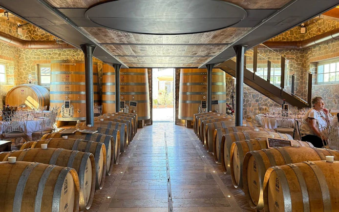Barrels in a Tuscan winery cellar with tasting tables set for a small-group wine tour.