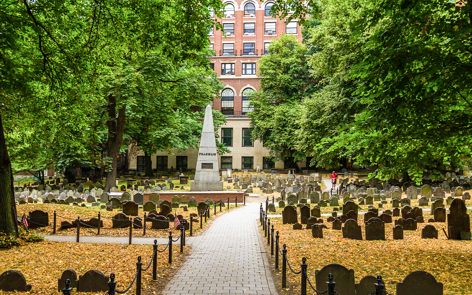 Granary Burying Ground in Boston with historic gravestones and Franklin monument.