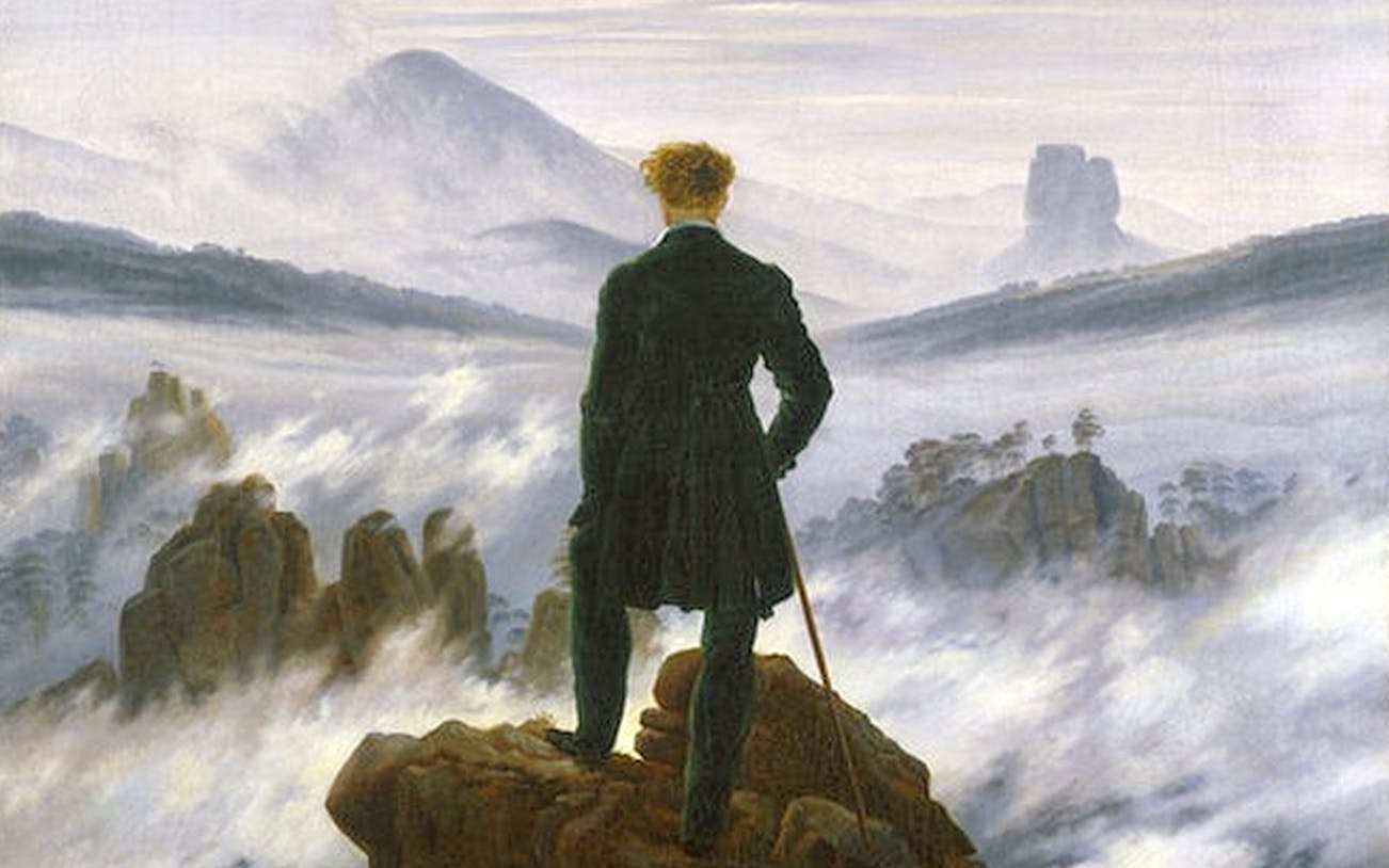 Man standing on rocky cliff overlooking misty mountains, Hamburger Kunsthalle exhibit.
