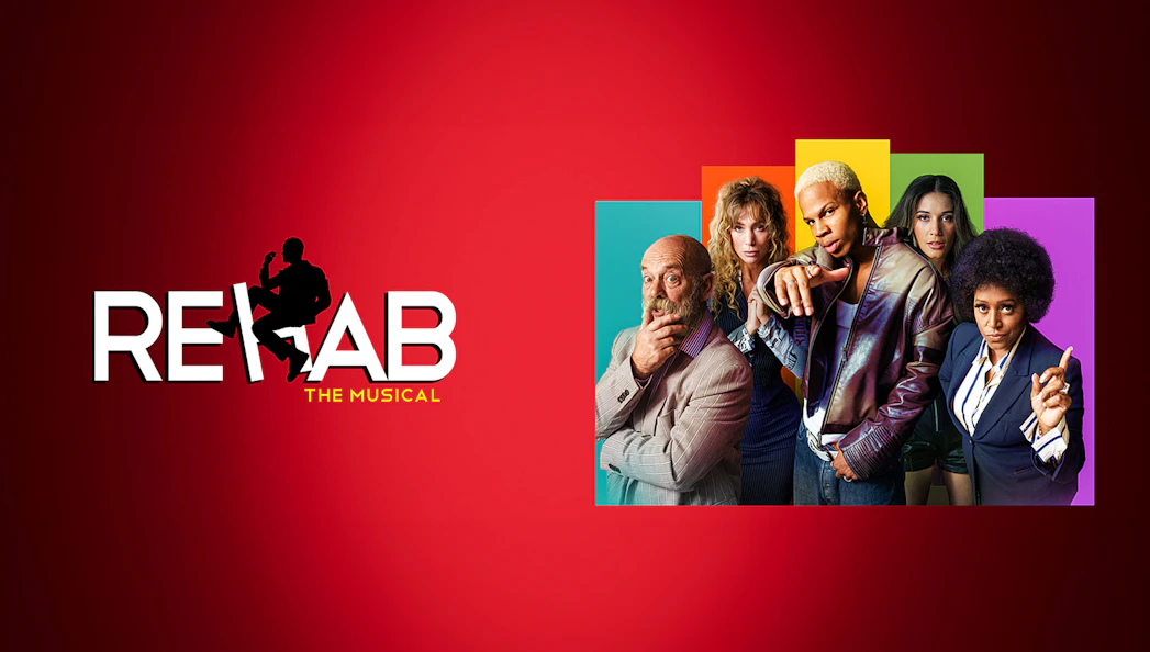Cast of Rehab The Musical against colorful backgrounds.