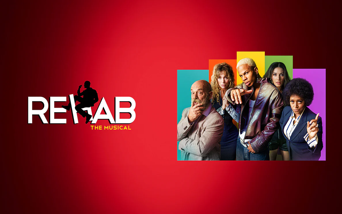 Cast of Rehab The Musical against colorful backgrounds.