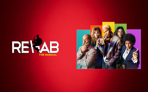 Cast of Rehab The Musical against colorful backgrounds.