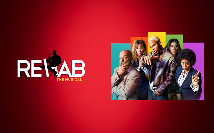 Cast of Rehab The Musical against colorful backgrounds.