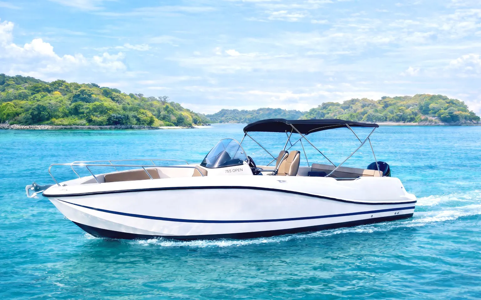 Speedboat "The Sun, Sea & Me" moored in Sentosa marina, Singapore near waterfront apartments.