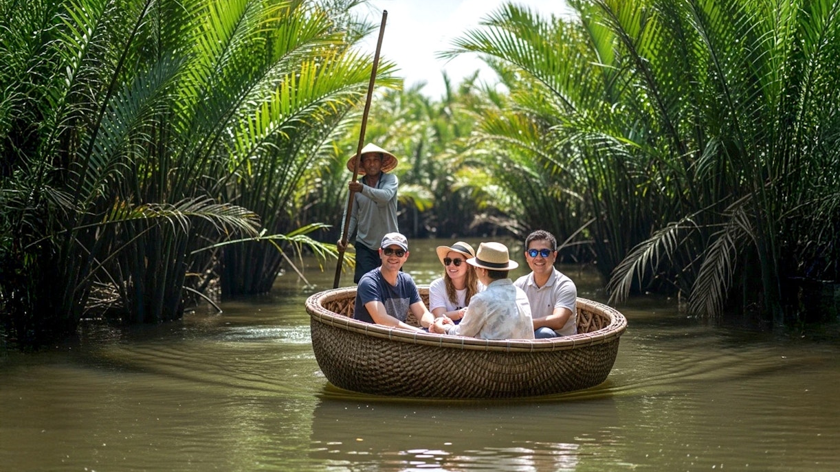 Tourists enjoying a basket boat ride through a coconut forest.