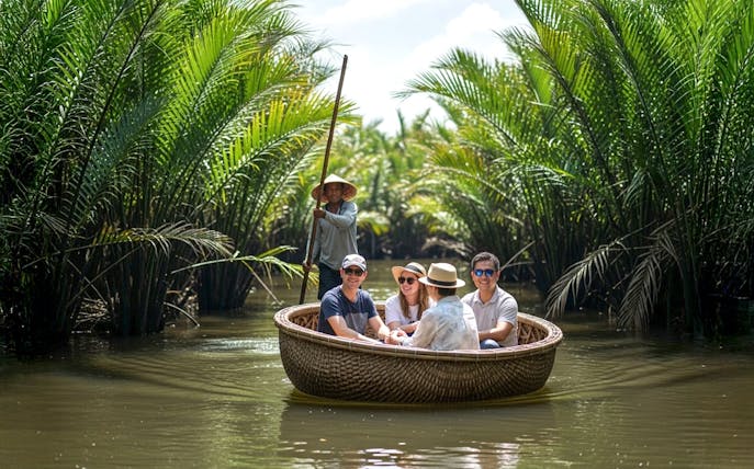 Tourists enjoying a basket boat ride through a coconut forest.