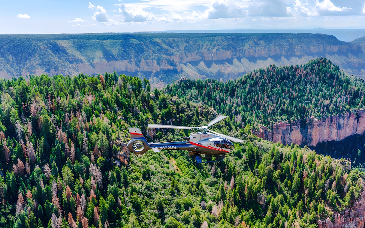 Helicopter flying over Grand Canyon National Park with forested cliffs below.