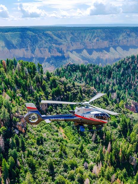 Helicopter flying over Grand Canyon National Park with forested cliffs below.