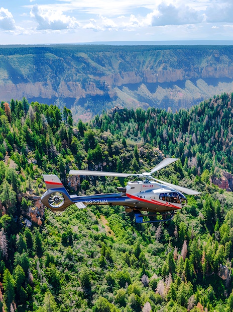 Helicopter flying over Grand Canyon National Park with forested cliffs below.