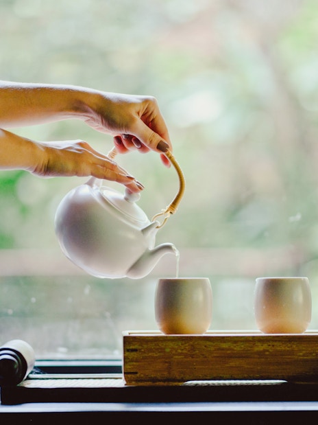 Pouring tea during a traditional Tokyo tea ceremony.