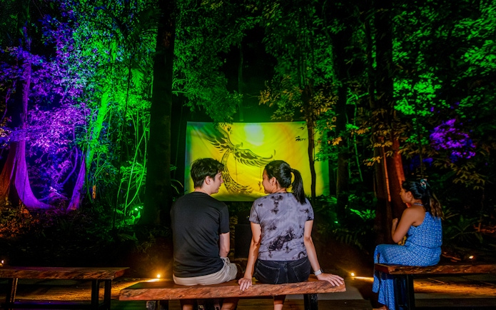 Visitors watching projection mapping of local legends in a forest setting.