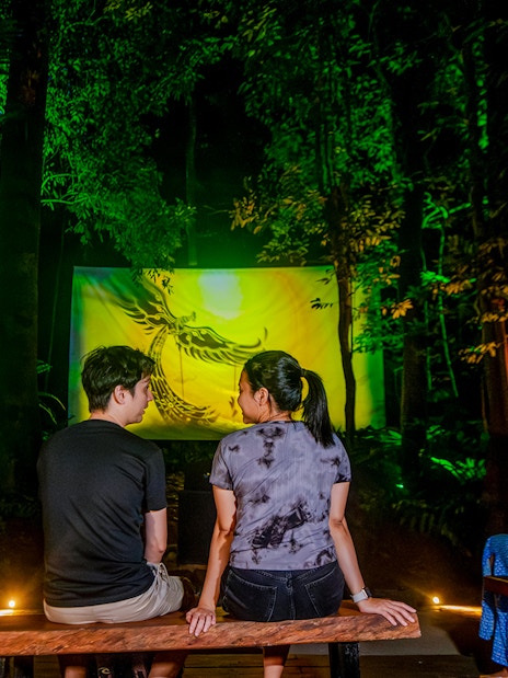 Visitors watching projection mapping of local legends in a forest setting.