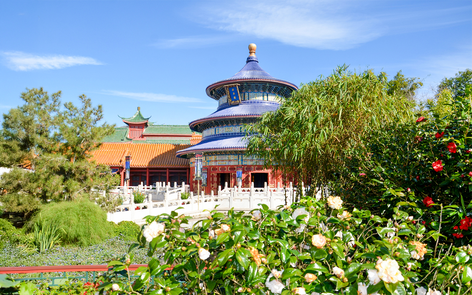 Temple of Heaven replica at EPCOT Center, Bay Lake, Florida, surrounded by lush gardens.