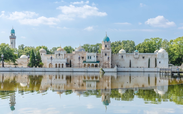 Fata Morgana palace reflected in water at Efteling Amusement Park, Netherlands.