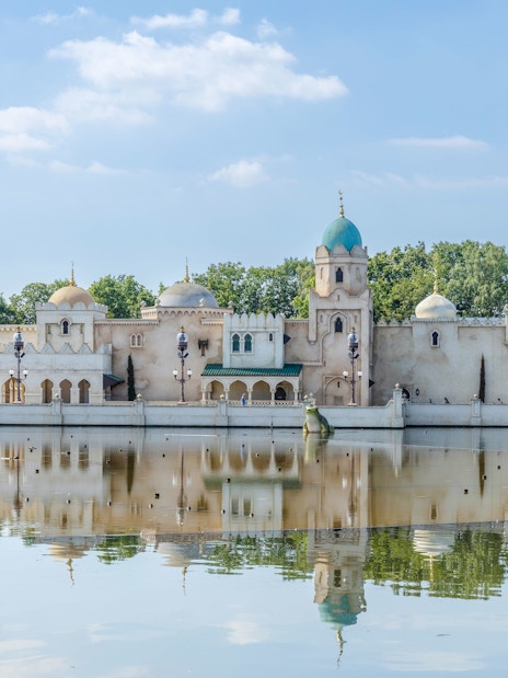 Fata Morgana palace reflected in water at Efteling Amusement Park, Netherlands.