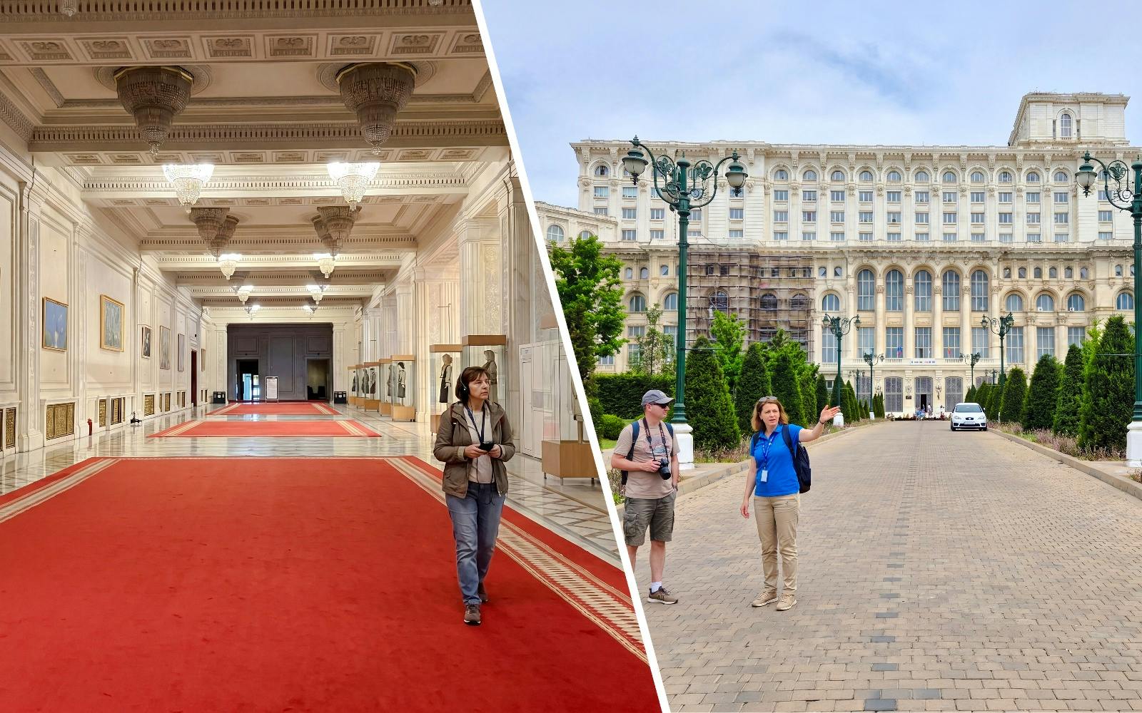 Interior and exterior views of the Palace of Parliament, Bucharest, with tourists exploring.