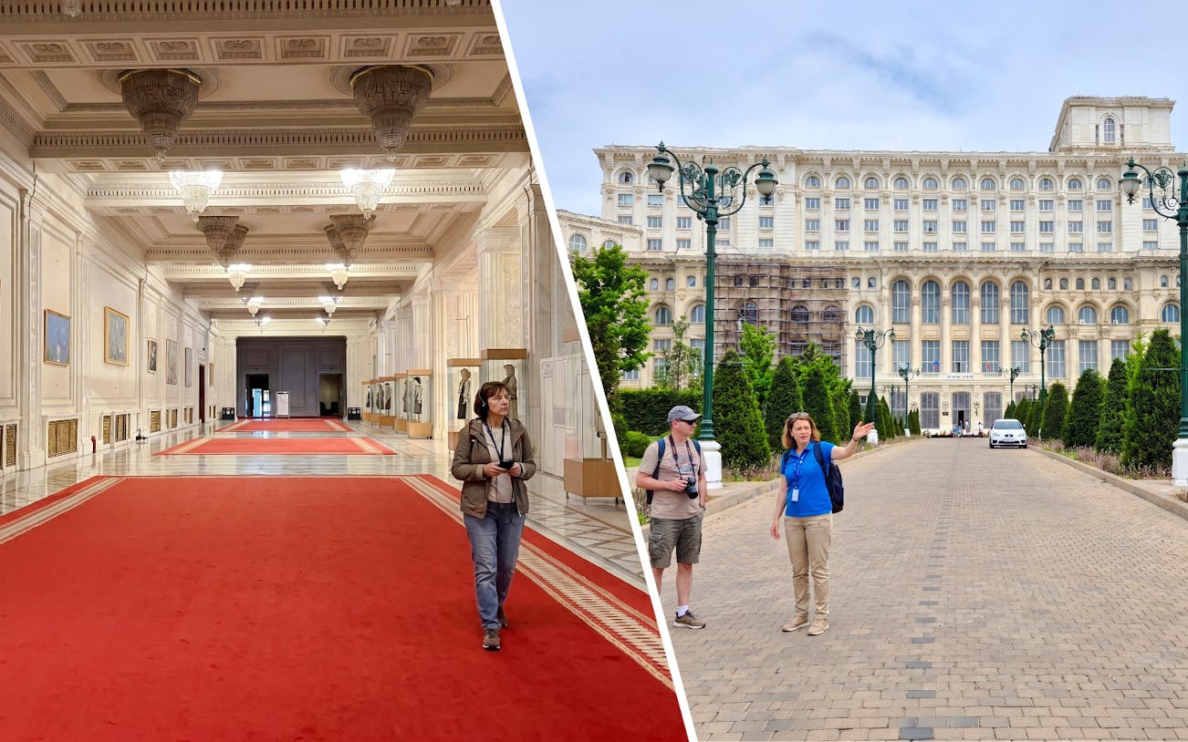 Interior and exterior views of the Palace of Parliament, Bucharest, with tourists exploring.