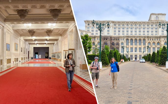 Interior and exterior views of the Palace of Parliament, Bucharest, with tourists exploring.