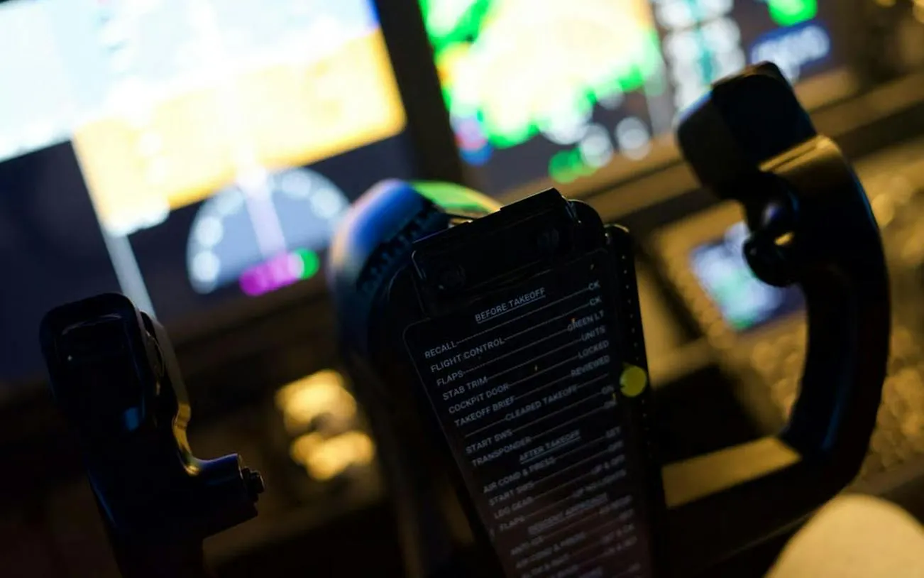Boeing 737 flight simulator cockpit controls in Istanbul.