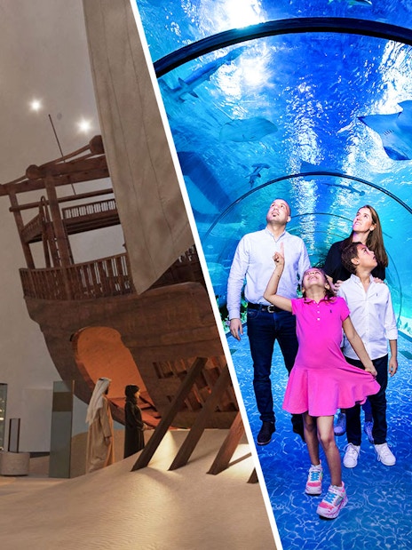 Visitors exploring exhibits at Zayed National Museum and an underwater tunnel with marine life.