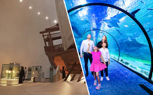 Visitors exploring exhibits at Zayed National Museum and an underwater tunnel with marine life.