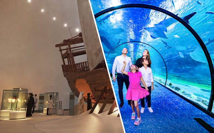 Visitors exploring exhibits at Zayed National Museum and an underwater tunnel with marine life.