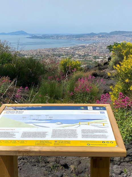 Information board about Mount Vesuvius with view of Naples and surrounding landscape.