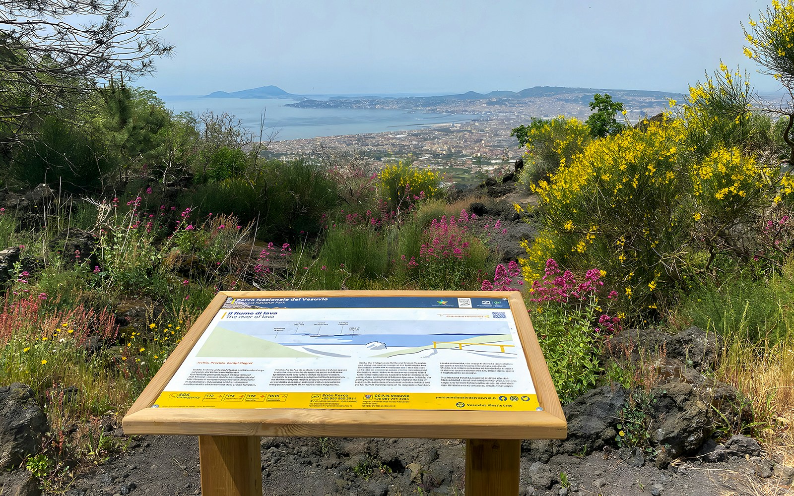 Information board about Mount Vesuvius with view of Naples and surrounding landscape.