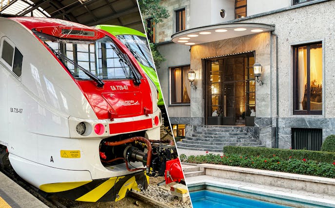 Malpensa Express train and entrance of Villa Necchi Campiglio in Milan.