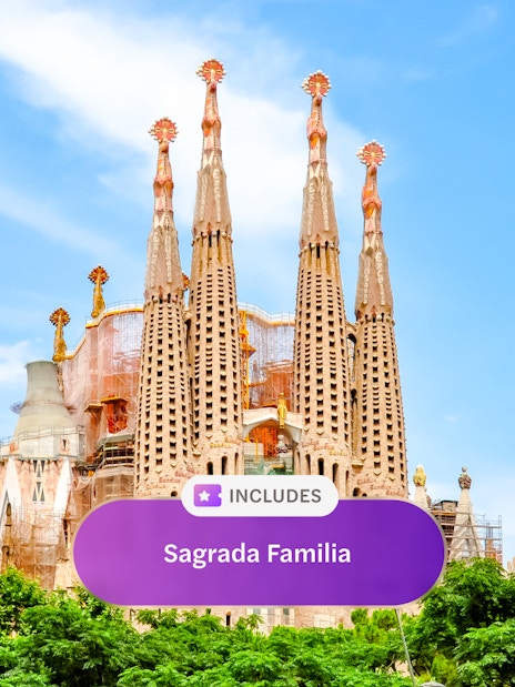 Facade of Sagrada Familia with spires, Barcelona.
