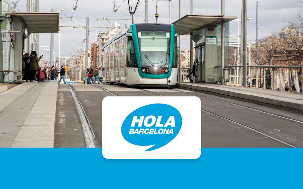 Barcelona tram at a station with passengers, promoting Hola Barcelona Travel Card Pass.