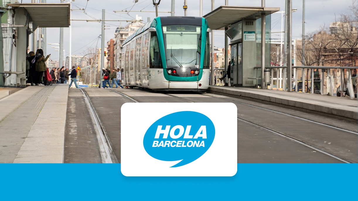 Barcelona tram at a station with passengers, promoting Hola Barcelona Travel Card Pass.