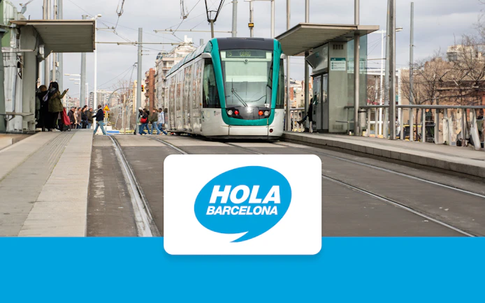 Barcelona tram at a station with passengers, promoting Hola Barcelona Travel Card Pass.