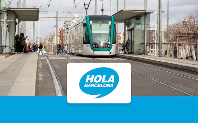 Barcelona tram at a station with passengers, promoting Hola Barcelona Travel Card Pass.